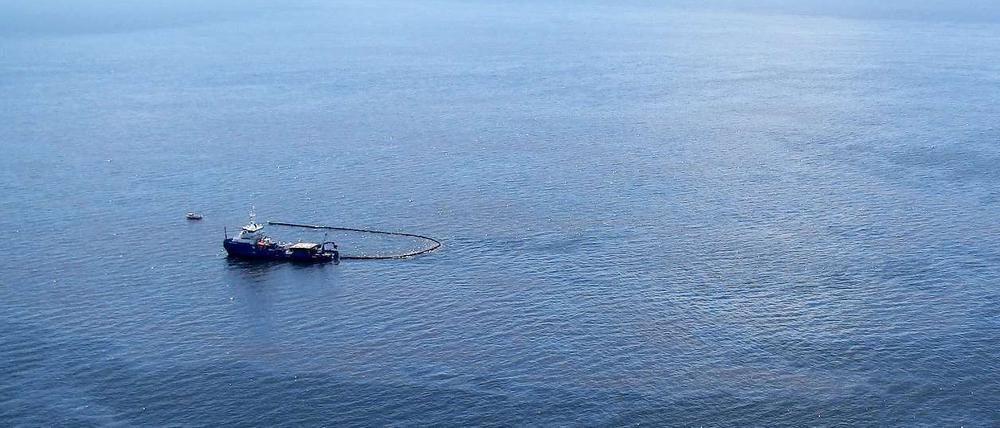 Ein Boot versucht das ausgelaufene Öl der gesunkenen Bohrinsel „Deepwater Horizon“ aufzufangen. Jetzt soll ein Unterwasser-Roboter das ausströmende Öl stoppen.