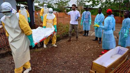 Kailahun liegt inmitten der am stärksten von Ebola betroffenen Region in Sierra Leone. Das Foto zeigt zwei Mitarbeiter von Ärzte ohne Grenzen, die einen verstorbenen auf einer Trage aus einem Behandlungszelt tragen. 
