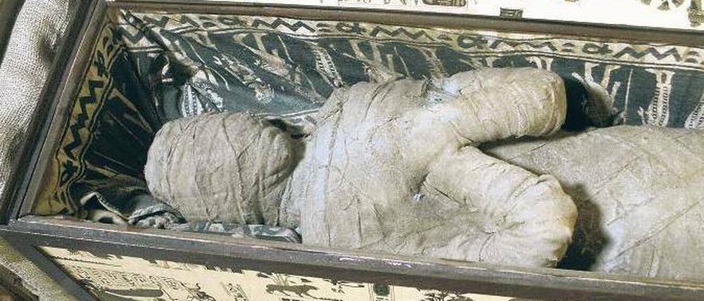 Gut eingelegt. Auf dem Dachboden einer Diepholzer Wohnung wurde eine Mumie gefunden. Die Knochen sind wohl über 2000 Jahre alt. Die Bandagen jedoch frisch. Die Staatsanwaltschaft bemüht sich um Aufklärung. Foto: dpa