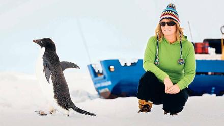 Die Mitreisende Barbara Tucker spielt mit einem Pinguin auf dem Eis. Foto: Reuters