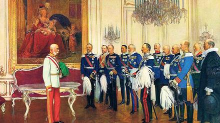Die Huldigung der deutschen Bundesfürsten zum 60-jährigen Regierungsjubiläum Kaiser Franz Josephs (links) am 7. Mai 1908 im Schloss Schönbrunn.