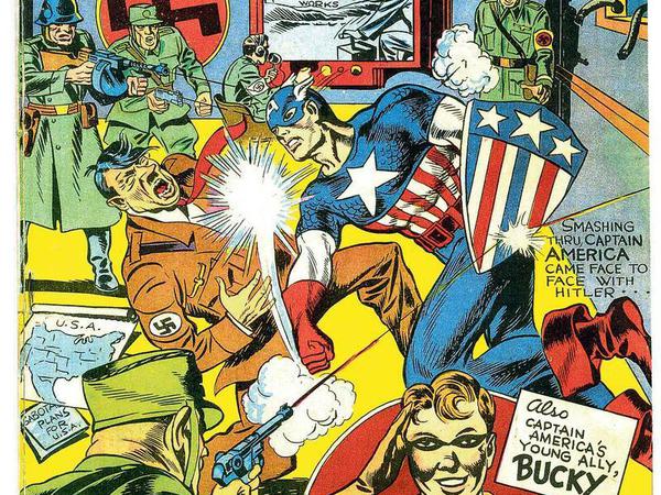 Historischer Kinnhaken. Auf diesem von Jack Kirby gezeichneten Titelbild setzt Captain America 1940 Adolf Hitler außer Gefecht. 