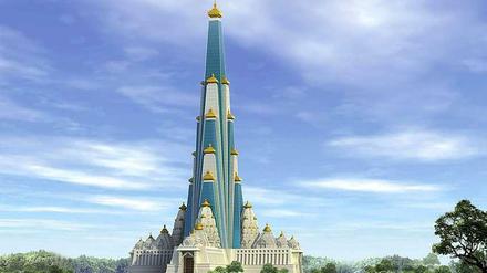 Die Projektskizze zeigt einen 210 Meter hohen Wolkenkratzer-Tempel, den eine hinduistische Sekte in Nordindien baut.