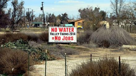 "No Water = No Jobs" (Kein Wasser = Keine Arbeit) steht auf einem Schild in Kalifornien. Der US-Bundesstaat leidet unter einer schweren Dürre.