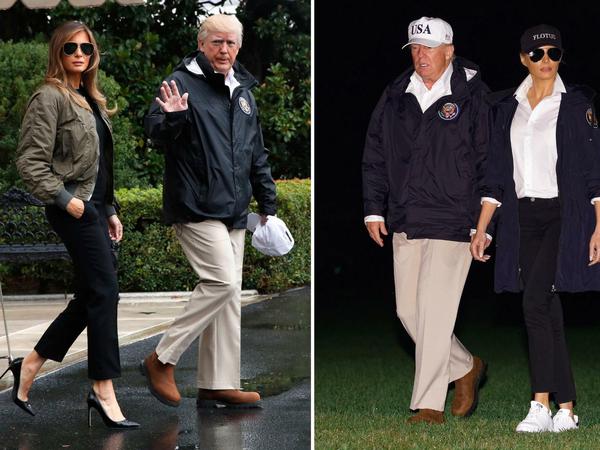 Im Netz verspottet: Auf dem Weg nach Texas trägt First Lady Melania Trump Sonnenbrille und High Heels, bei ihrer Rückkehr am selben Abend eine Baseballkappe und weiße Turnschuhe. 