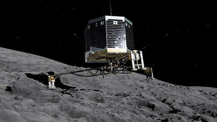 Dieser Screenshot aus einem Video zeigt die simulierte Landung von "Philae" auf dem Zielkometen Tschurjumow-Gerassimenko. Die Raumsonde Rosetta versucht am Donnerstag eine Kontaktaufnahme zum Landeroboter Philae auf dem Kometen Tschuri herzustellen.
