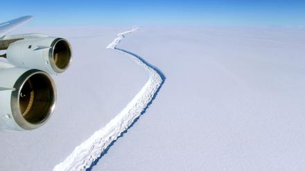 Ein gewaltiger Riss im Larsen-C-Schelfeis in der Antarktis trennt das Eis zunehmend vom Festland (Aufnahme vom 10.11.2016). 