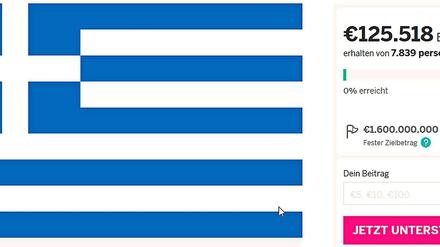Mit einer Spendenaktion im Internet will ein Brite Griechenland retten. Wie hier zu sehen ist, waren am Dienstagnachmittag 125.518 Euro der benötigten 1,6 Milliarden Euro zusammengekommen. Mit dem Zielgeld könnte das Land seine Schulden beim IWF bezahlen. 