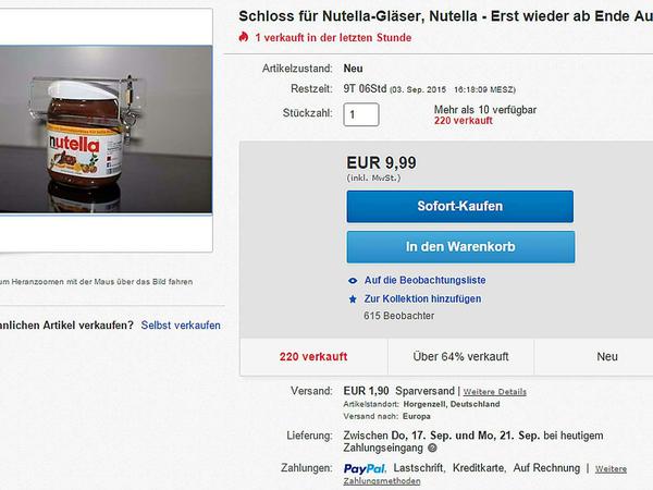 Für 9,99 Euro bietet der Verkäufer die Nutella-Schlösser auf Ebay an. 