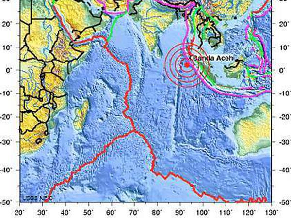 Die US-Erdbebenwarte USGS hat eine Grafik herausgegeben, die die Stelle des Bebens vor der Küste von Sumatra zeigt. 