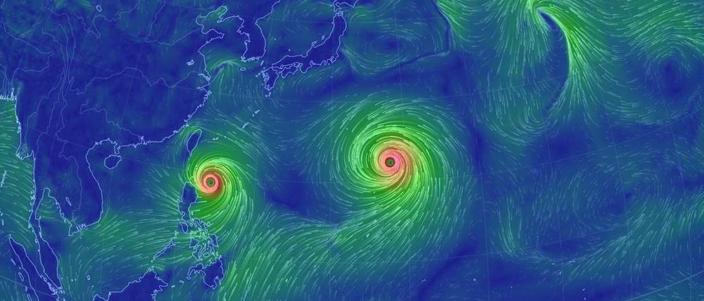 Der Softwareentwickler Cameron Beccario lebt in Tokio. Er hat eine Homepage entwickelt, auf der das Windgeschehen auf der Welt in Echtzeit verfolgt werden kann. Dieser Sceenshot zeigt die Situation am 20. August 2015 um die Mittagszeit. Deutlich sind die beiden Sturmsysteme Goni (links) und Atsani zu erkennen. 