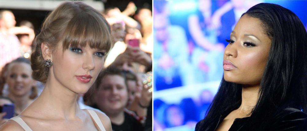 Die Bildkombo zeigt die Sängerinnen (l) Taylor Swift (Archivfoto vom 29.11.2012) und Nicki Minaj (Archivfoto vom 24.08.2014). Swift (25) und Minaj (32) haben sich im Zuge der Nominierungen für die MTV Video Music Awards einen Schlagabtausch bei Twitter geliefert.