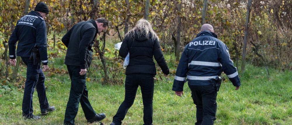 Polizisten suchen bei Endingen in den Weinbergen nach Beweisen im Mordfall einer 27-jährigen Joggerin. 