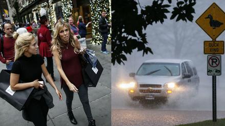 Wetter-Kapriolen in den USA: Die New Yorker gingen bei über 20 Grad an Heiligabend kurzärmelig zum Weihnachtsshopping, während im Raum Atlanta Straßen überflutet waren.
