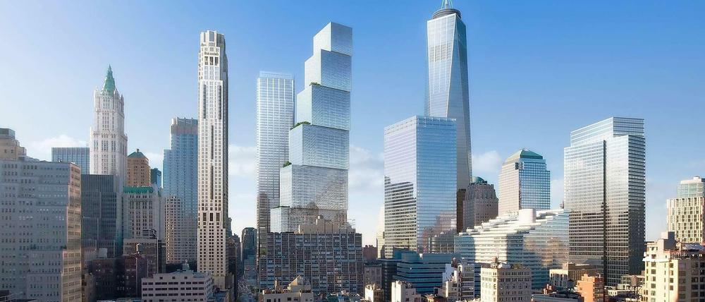 Skyline 2.0. Vom Tribeca-Viertel aus betrachtet sieht der geplante Neubau WTC2 wie ein Stapel aus Kuben aus. 