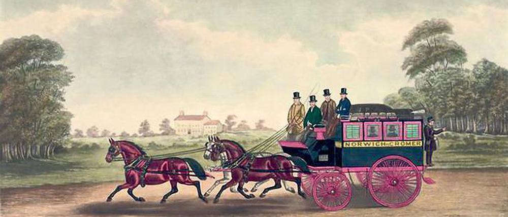 Gentlemen bevorzugten es nobel. Das Bild von Charles C. Hunt, gemalt 1830, zeigt englische Reisende auf dem Weg zwischen Norwich und Cromer. 