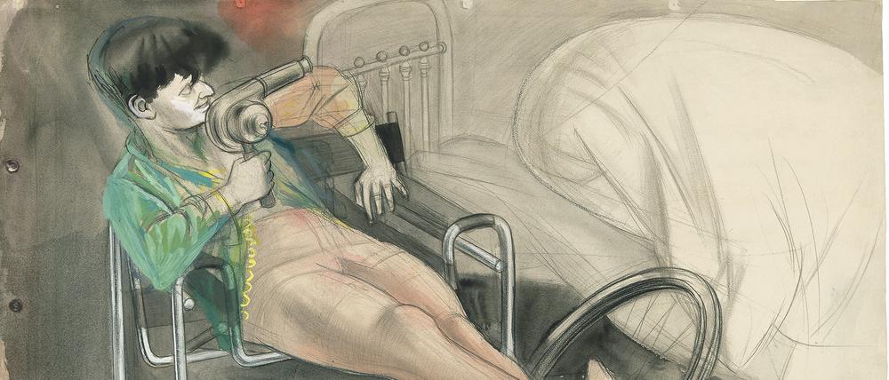 Karl Hubbuchs Bild, ein Highlight der Auktion, zeigt seine Frau „Hilde mit Föhn, Fahrrad und Bauhausstuhl“ (1928).