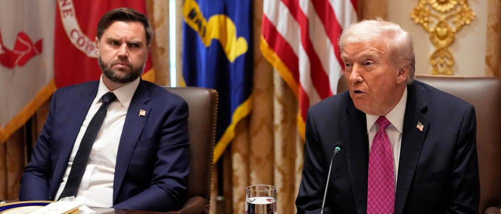 US-Präsident Donald Trump (r.) spricht vor einem Mittagessen mit dem ukrainischen Präsidenten Wolodymyr Selenskyj im Kabinettssaal des Weißen Hauses. Neben ihm sitzt Vizepräsident JD Vance.