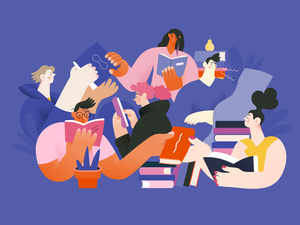 Illustration von Menschen, die Bücher lesen.