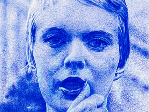 Jean Seberg im Kultfilm „Außer Atem“, von Jub Mönster mit Kugelschreiber ins Medium der Malerei übertragen.