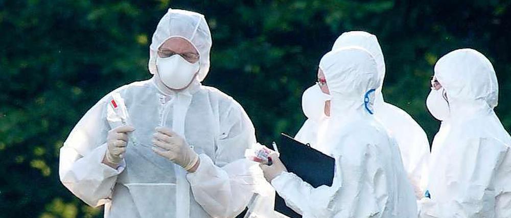 Höchste Konzentration. Mitarbeiter des BfR und des RKI nehmen Proben auf dem Bio-Betrieb in Bienenbüttel.