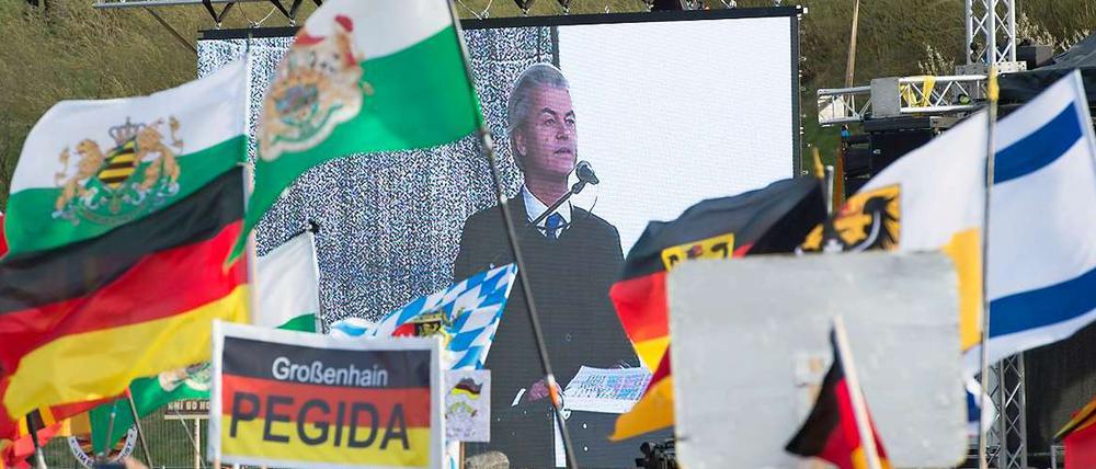 Rechtspopulismus, grenzüberschreitend. Der niederländische Politiker Geert Wilders bei einem Pegida-Aufmarsch im April 2015 Dresden .