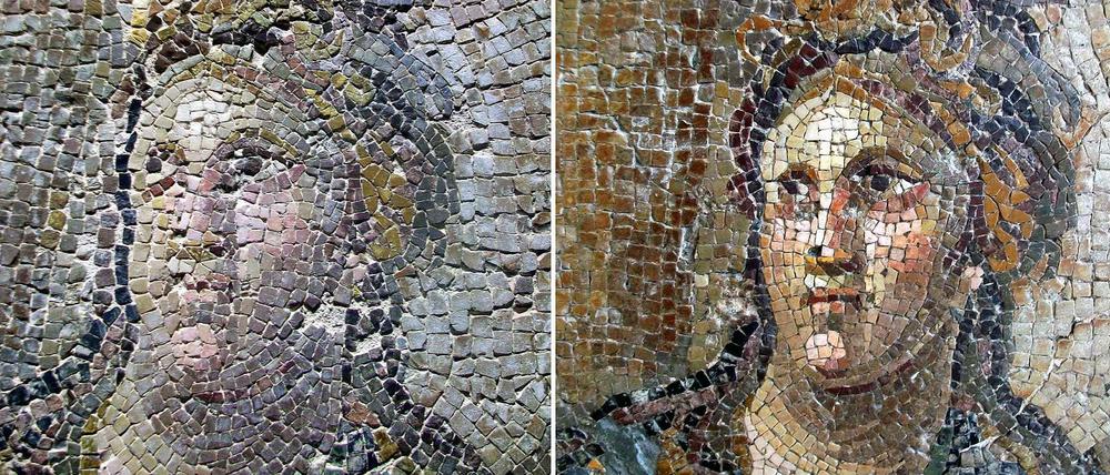 Eines der Mosaike im Archäologischen Museum Hatay vor (rechts) und nach (links) der missglückten Restaurierung.