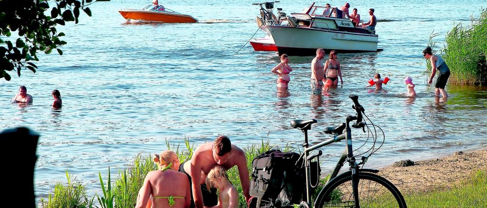 Badewiese im Park Babelsberg. Chillen, Planschen und Hinausschwimmen in die Havel, vor der Potsdamer Stadtkulisse.