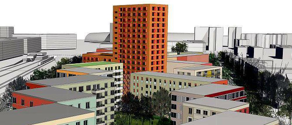 Blickrichtung Hauptbahnhof: Im markanten Hochhaus an der Lehrter Straße sollen Studentenwohnungen entstehen. In der niedrigeren Zeile rechts sind Eigentumswohnungen geplant, links entlang der Bahnlinie Mietwohnungen.