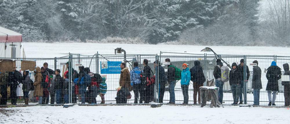 Flüchtlinge warten am Sonntag an der deutsch-österreichischen Grenze nahe Hanging (Österreich) im Schnee vor einem beheizten Zelt. Die Anzahl der Flüchtlinge nach Deutschland wird im November einen neuen Rekord erreichen.