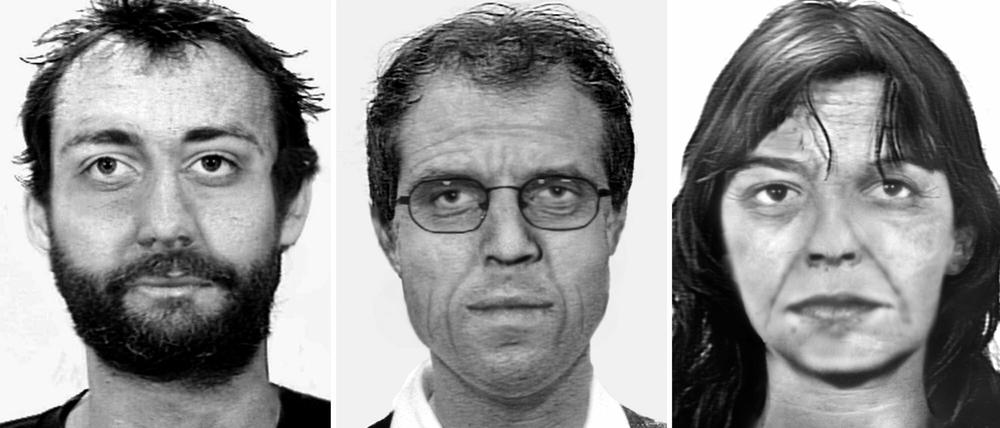 Die undatierten Handouts des Bundeskriminalamtes (BKA) zeigen Alterssimulationen von Burkhard Garweg (l-r), Ernst-Volker Wilhelm Staub und Daniela Klette.