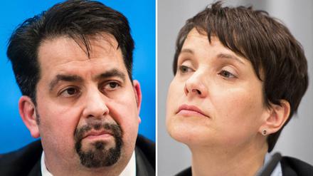 Eine Kombo zeigt den Vorsitzenden des Zentralrats der Muslime, Aiman Mazyek (am 04.02.2015 in Berlin, l) und die Vorsitzende der Partei AfD, Frauke Petry, (am 13.02.2016 in Düsseldorf).