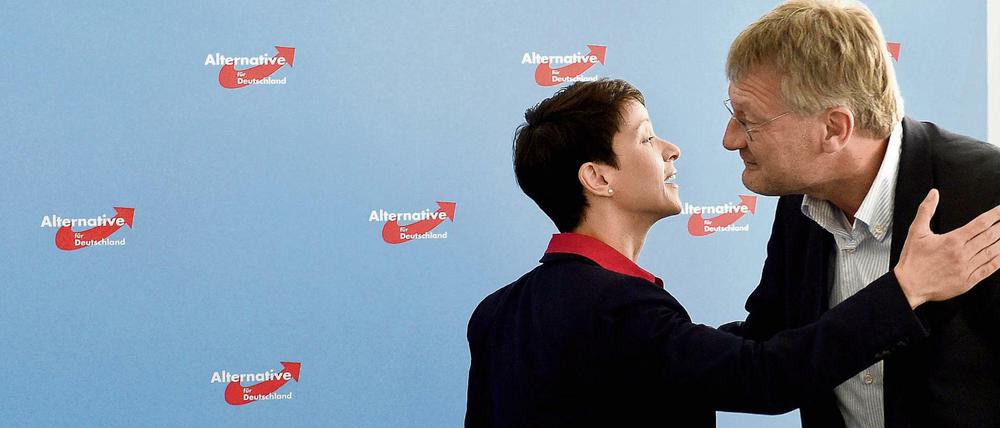 Frauke Petry und Jörg Meuthen begrüßen sich vor Beginn einer Sitzung.