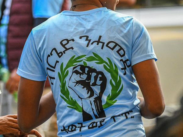 Eine Faust auf dem T-Shirt eines Mannes, der nach Ausschreitungen bei einer Eritrea-Veranstaltung von Polizeikräften eingekesselt wurde.