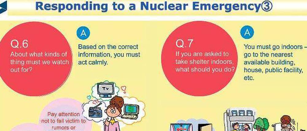 Ruhe bewahren. Eine Seite aus der Broschüre der japanischen Atom-Behörde NISA für den atomaren Notfall. Die Bevölkerung wird gebeten, sich in geschlossene Räume zu begeben, Gerüchten keinen Glauben zu schenken und sich gründlich zu waschen.