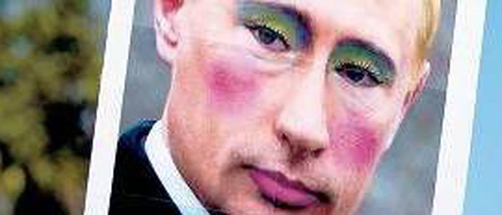 Grell geschminkter Putin bei einer Demonstration in Vancouver.