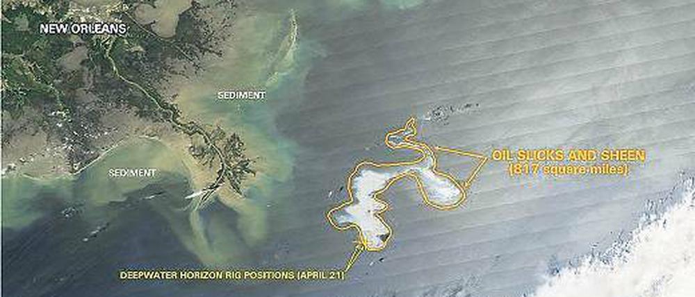 Nicht weit von New Orleans. Dieses Satellitenbild der Nasa zeigt den Ölteppich im Golf von Mexiko. Foto: dpa