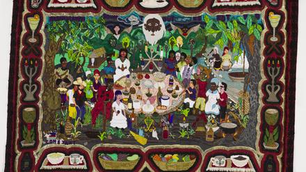 Versammlung in Frieden. „Rasanbleman soupe tout eskòt yo“ (1986), ein Wandteppich der haitianischen Künstlerin Myrlande Constant.