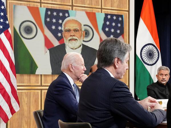 Annäherung: Im vergangenen Jahr diskutierten US-Präsident Biden, US-Außenminister Blinken und der indische Außenminister Jaishankar in einer Videokonferenz mit dem indischen Premier Modi, über den Krieg Russlands mit der Ukraine.