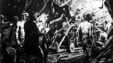 Die zeitgenössische Darstellung zeigt Arbeiter beim Bau des Gotthardtunnels (1872-1882) im Inneren des Berges, in der Mitte der Erbauer, Ingenieur Favre. 