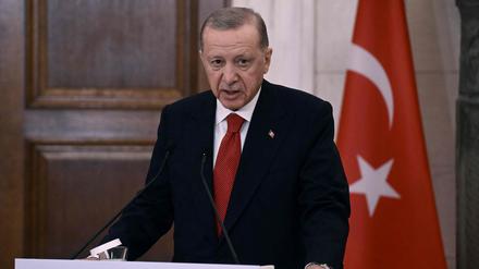 Der türkische Präsident Recep Tayyip Erdogan spricht nach einem Treffen mit dem griechischen Premierminister Kyriakos Mitsotakis während eines offiziellen Besuchs in Griechenland am 7. Dezember 2023 in Athen mit der Presse.