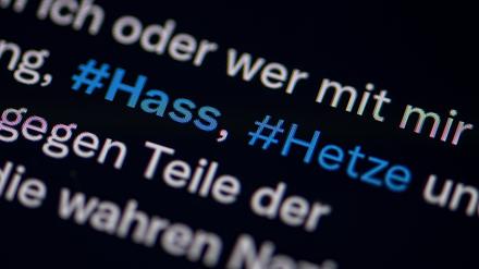 Auf dem Bildschirm eines Smartphones sieht man die Hashtags (#) Hass und Hetze in einem Twitter-Post. 