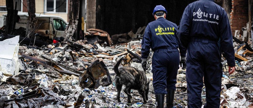 Rettungskräfte suchen mit einem Polizeihund am 30. Januar 2024 den Ort einer Explosion in einem Mehrfamilienhaus in Rotterdam ab. 