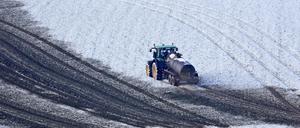Ein Landwirt bringt Gülle auf einem verschneiten Feld bei Seiffen im Erzgebirge (Sachsen) aus.