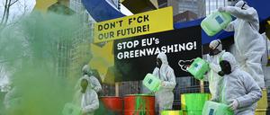 Aktivisten des „Koala Kollektiv“ demonstrieren vor der Euro-Skulptur in der Frankfurter Innenstadt gegen Greenwashing.
