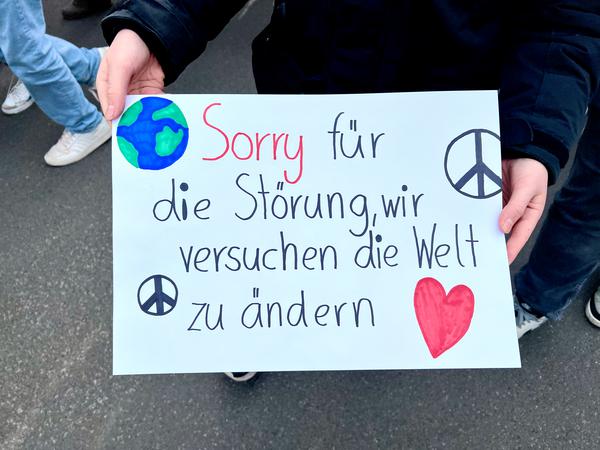 „Sorry für die Störung, wir versuchen die Welt zu ändern.“ Plakat einer jungen Demonstrantin, gesehen in Steglitz-Zehlendorf.