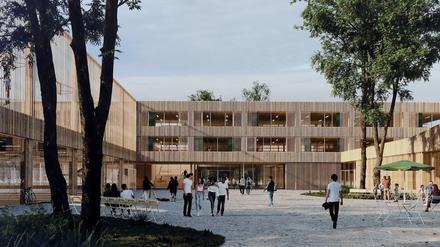 So sieht der Siegerentwurf für das neue Gymnasium Bornstedt an der Pappelallee aus. Die Eröffnung der neuen Potsdamer Schule  ist für 2027 geplant. 