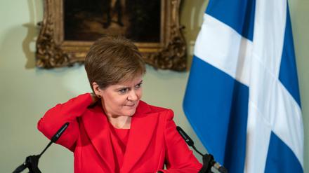 First Minister of Scotland Nicola Sturgeon reacts at a news conference at Bute House where she announced she will stand down as first minister, in Edinburgh, Scotland, Britain February 15, 2023. Jane Barlow/Pool via REUTERS