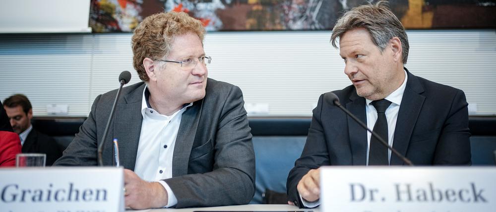 Bundeswirtschaftsminister Habeck und sein Staatssekretär Graichen bei der gemeinsamen Sitzung der Ausschüsse für Wirtschaft und Klimaschutz und Energie des Bundestages.
