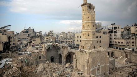 Gaza City’s Omari Mosque, the oldest mosque in Gaza, damaged in Israeli bombardment during the ongoing battles between Israel and the Palestinian Hamas movement.